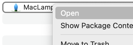 Screenshot of context menu item to open un-notarized app